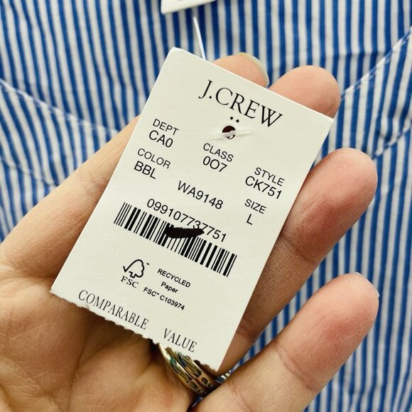 J Crew Factory Womens Large Striped Puff Sleeve Tie Waist Top Banker Blue 2302 - Picture 9 of 9